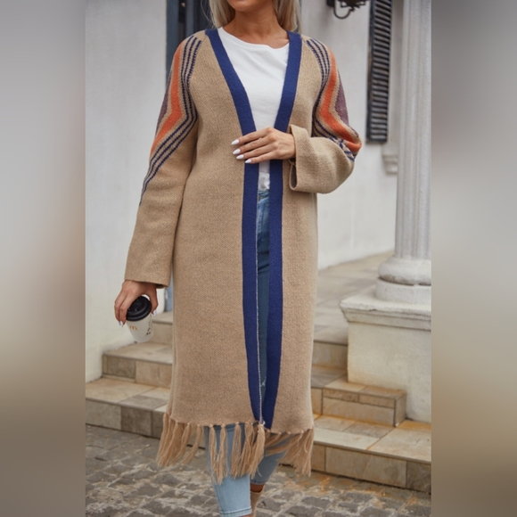Fringe Retro Geometric Knit Duster Cardigan Sleeve Colorful Open Front Sweater - Picture 8 of 15